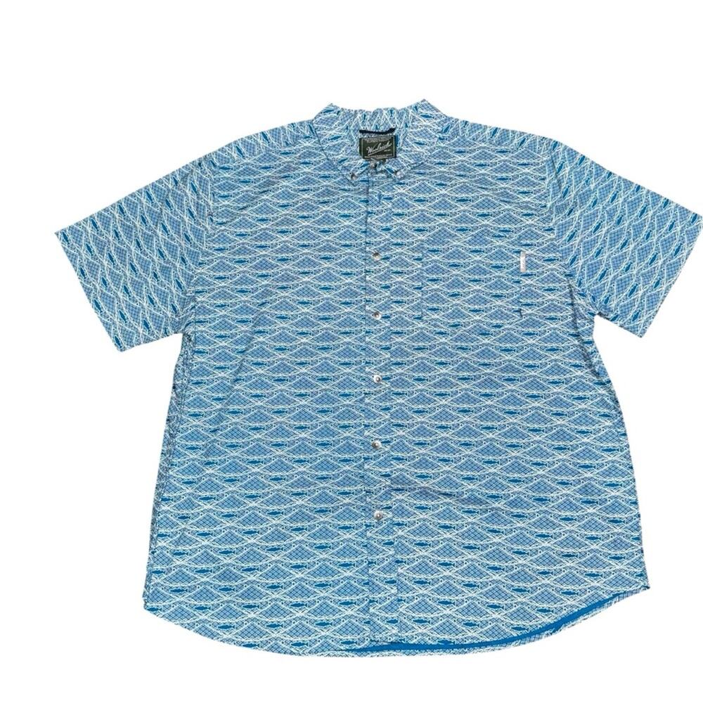 Woolrich Shirt Mens Medium Button Down Blue Fly Fishing Rods All Over Print XXL - Picture 1 of 5